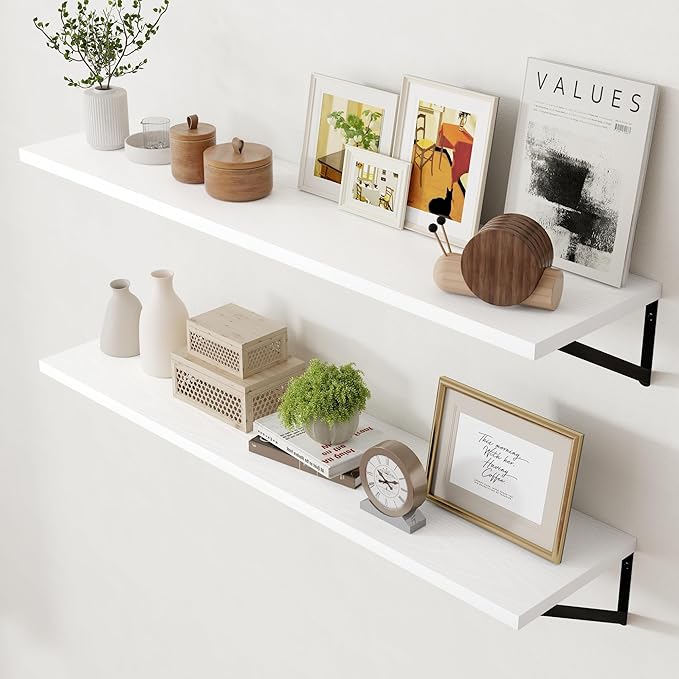 Axeman Floating Shelves for Wall White - 48 Inch Wide x 12 Inch Deep Wall Shelves Set of 2 - White Deep Wood Floating Shelves for Living Room Bedroom Laundry Room
