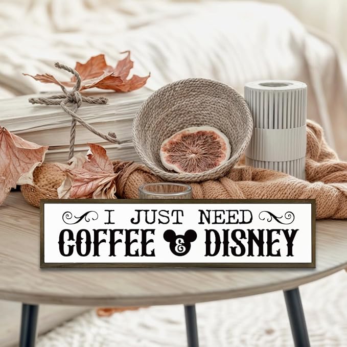 WKYAER Coffee Wood Sign, Decorative Wooden Hanging Sign, Farmhouse Table Shelf Decoration for Home Kitchen, Coffees Bar Decor, Cafe Decor, I Just Need Coffee & Disney Signs