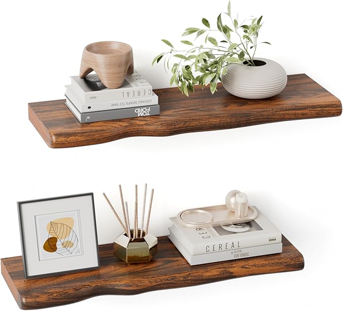Floating Shelves for Wall Rustic Farmhouse 24 Inch Floating Shelf Wooden Shelves for Wall Mounted Live Edge Pine Shelf with Unique Natural Grain for Living Room Bedroom Kitchen (Golden Oak Finish)
