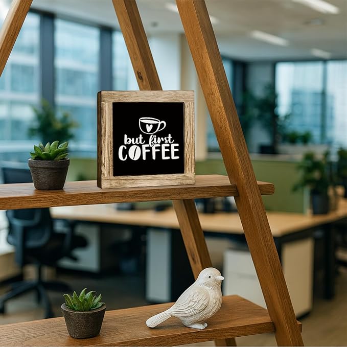 But First Coffee Wooden Decor, Coffee Bar Table Top Decorative Sign, Funny Office Desk Decoration, Farmhouse Cafe Decoration, Rustic Wooden Table Top Decor 5.9X5.9 Inches