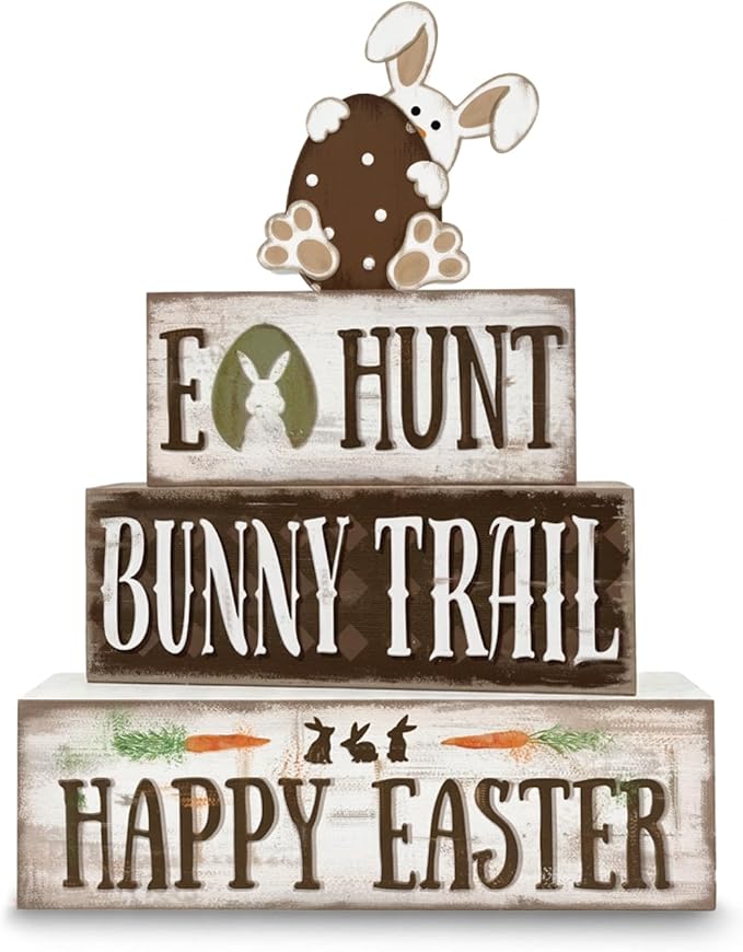 Easter Decorations, 4 Pcs Wooden Easter Table Decorations, Rustic Bunny Tiered Tray Decor, Wooden Table Sign for Desk Shelf Mantel Coffee Bar, Indoor Home Decor