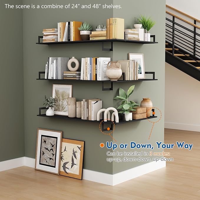 24 Inch Floating Shelves for Wall Set of 3, Wall Mounted Bookshelf, 8 Inches Deep Hanging Book Shelves for Living Room Bedroom Office Decor Closet Storage (Black)