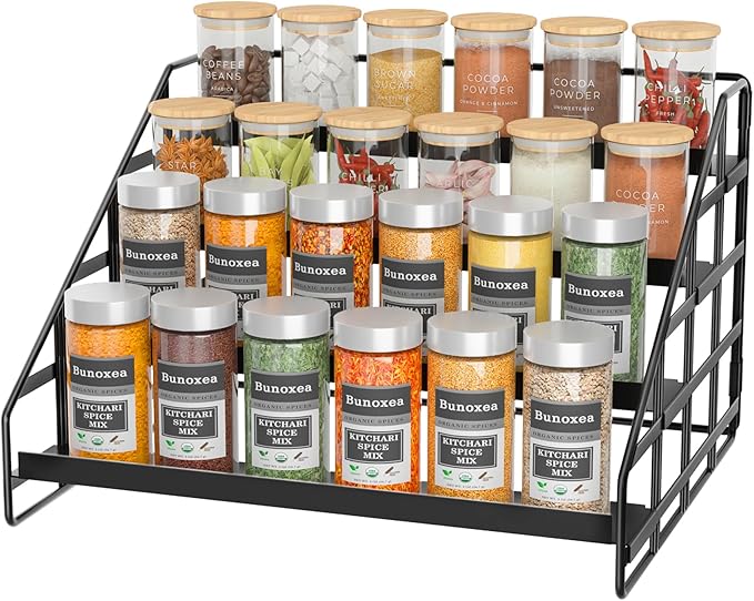 Spice Rack 4 Tier Kitchen Cabinet Organizer,Countertop Spice Rack,Tier Depth Adjustable Cabinet Shelf,Step Spice Organization Easy Visibility,Holds Seasoning and Condiments