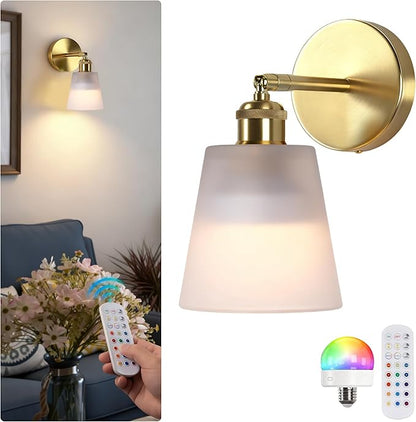 Vintage Battery Operated Wall Sconce with Milky Minimalist Glass Lampshade Rechargeable Battery Powered Wall Light with Remote Control for Bedside Bedroom Bathroom, Set of 1
