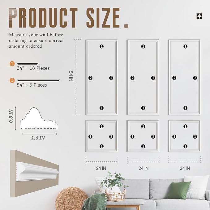 Peel and Stick Wall Molding Kit, Accent Wall Panels for Interior Wall Decor with Double-Sided Tape, 3 Set Pre-Cut PS Wainscoting Panels (54 * 24 in)