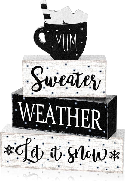 Marsui 4 Pcs Winter Wooden Tabletop Decor Rustic Hot Cocoa Block Sign Gift Farmhouse Christmas Tiered Tray Centerpiece Winter Decor for Home Office Desk Shelf Mantel