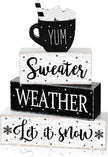 Marsui 4 Pcs Winter Wooden Tabletop Decor Rustic Hot Cocoa Block Sign Gift Farmhouse Christmas Tiered Tray Centerpiece Winter Decor for Home Office Desk Shelf Mantel