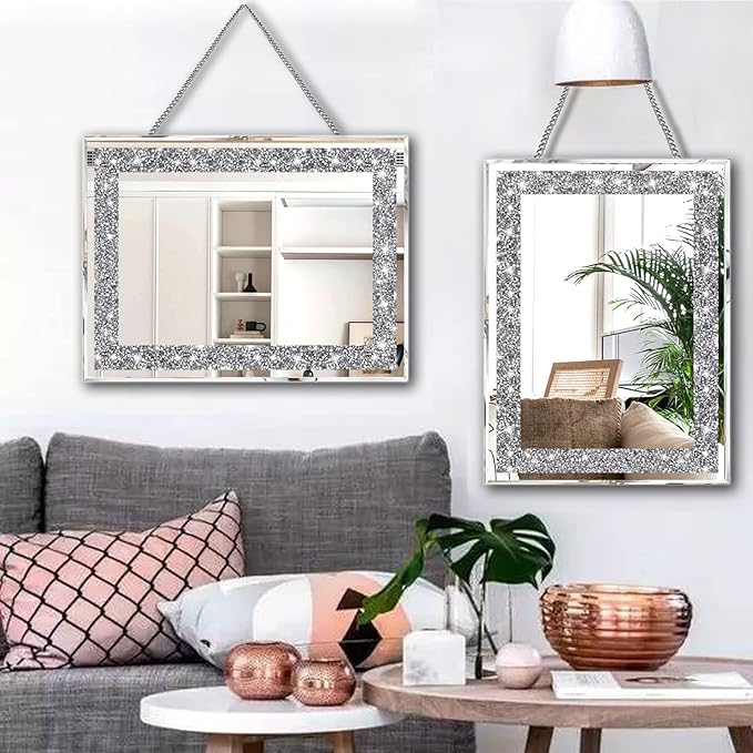 2 Piece Wall Mirrors, Crush Diamond Wall Décor Silver Decorative Mirrors for Living Room , Bedroom, Bathroom. (11”x15”)