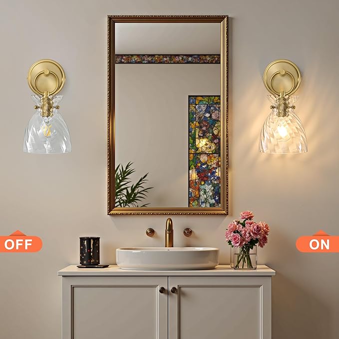 Wall Sconce 1-Light Hardwired Wall Mount Modern Farmhouse Vanity Light Fixtures with 6 Inch Clear Striped Glass Shade, Gold Wall Lights for Bathroom, Bedroom, Living Room, Mirror, Kitchen