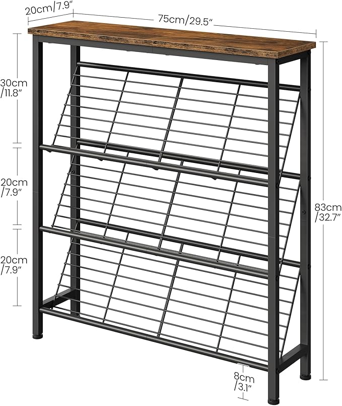 Shoe Rack, 4-Tier Narrow Shoe Storage Shelf, Slim Shoe Rack with Wooden Top and Metal Shelves, Slanted Shoe Organizer, Industrial Style, for Entryway, Hallway, Rustic Brown and Black TXJ76BF