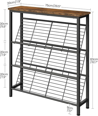 Shoe Rack, 4-Tier Narrow Shoe Storage Shelf, Slim Shoe Rack with Wooden Top and Metal Shelves, Slanted Shoe Organizer, Industrial Style, for Entryway, Hallway, Rustic Brown and Black TXJ76BF