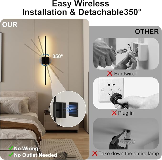 Shineled Wall Sconces Set of 2, 29'' Battery Wall Sconce with Remote Control, 350° Black Rotatable Dimmable Wall Lamp, Wireless Wall Lights for Bedroom, Living Room