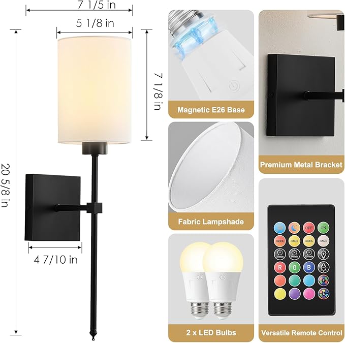 Battery Operated Wall Sconce Set of Two, Wireless Rechargeable Wall Light with Remote Control, Dimmable, 4 Color Temperatures, RGB, Timer, for Living Room,Bedroom,Entryway, Black, 20.6 Inch