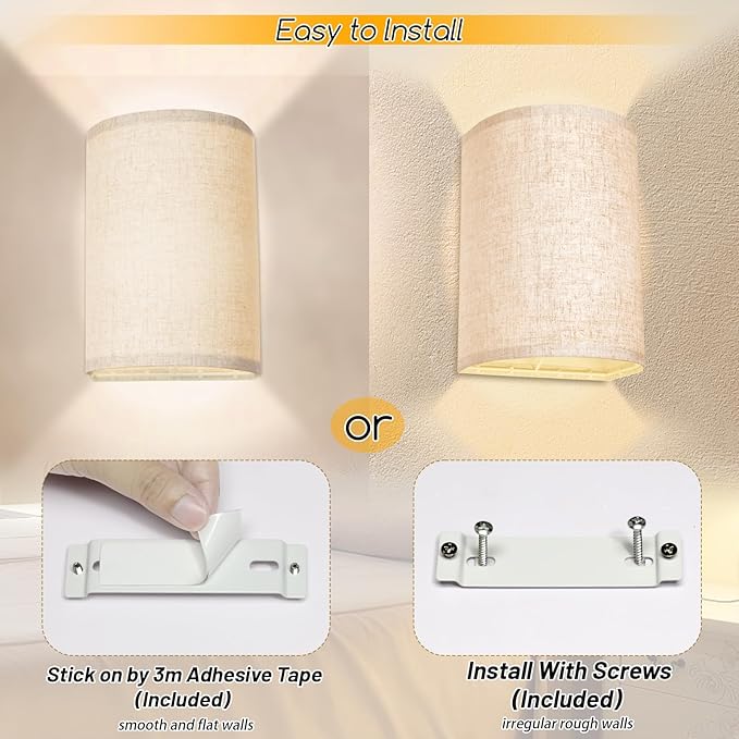 Battery Operated Wall Sconces Set of Two, 18 RGB Colors Stick on Wall Lights with Remote, Changeable Dimmable Height Fabric Battery Powered Wall Lights for Bedroom Living Room Hallway