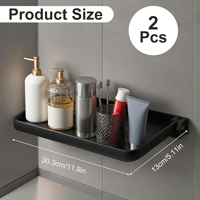 2Pcs Bathroom Shelves No Drill Wall Mounted Foldable Shlf Small Floating Metal Adhesive Shelves for Laundry Toilet Room Shower Wall Organizer (Black)