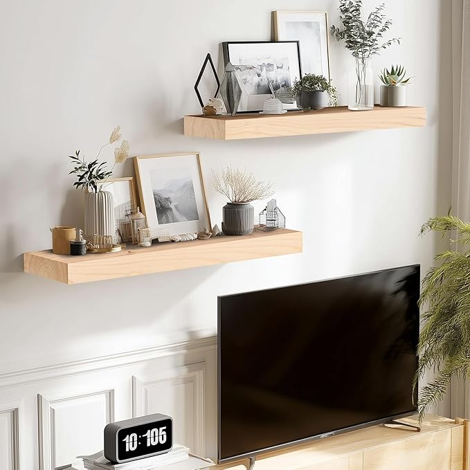 17x8x1.6 inch Floating Shelves Set of 2 – Solid Wood Rustic Wood Wall Mounted Shelf for Kitchen, Bathroom, Living Room