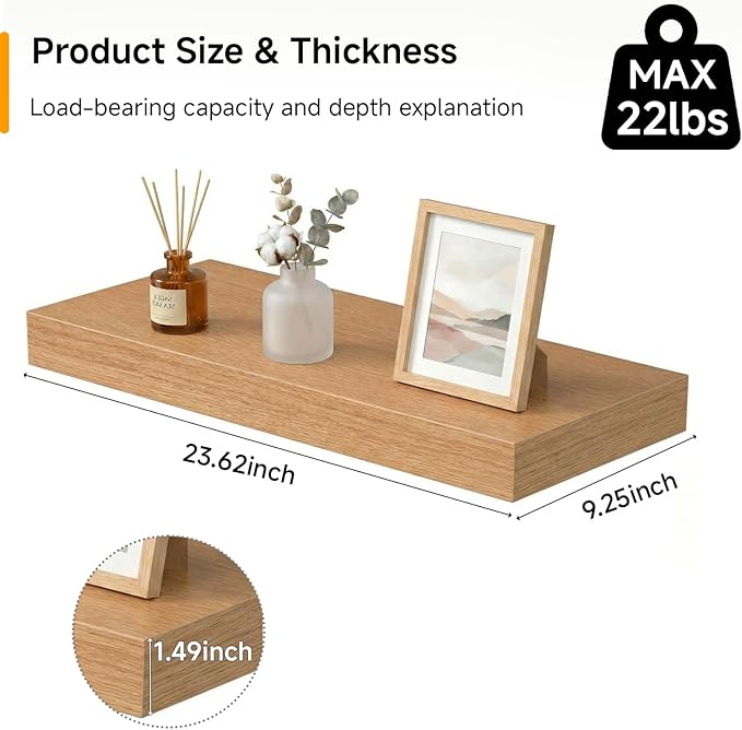 INHABIT UNION 24in Floating Shelves for Wall, Wall Mounted Shelves for Decor Storage Set of 2, Floating Shelf for Bedroom, Bathroom, Living Room and Kitchen（Beech）