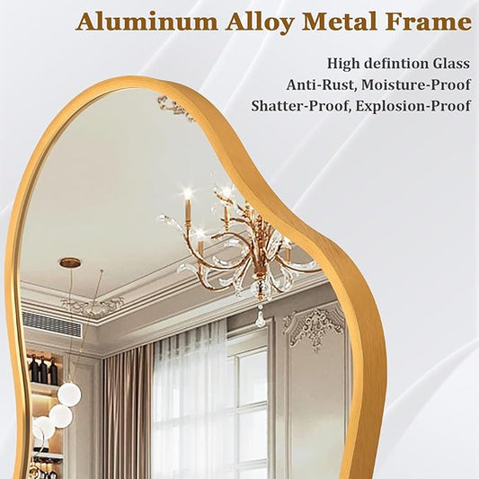 Irregcular Wall Mirror 26"x16" Gold Asymmetrical Bathroom Mirror Metal Framed Modern Decorative Vanity Mirrors for Bedroom Living Room Entryway