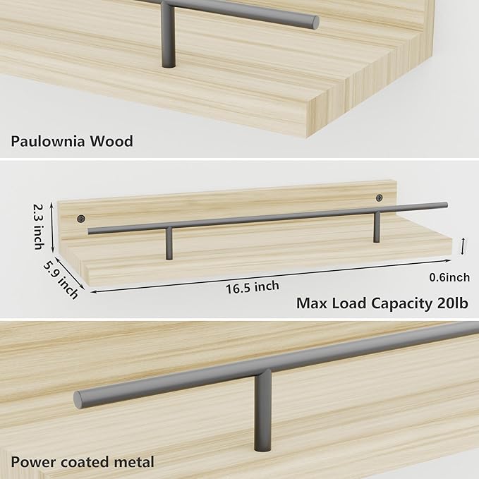 Floating Shelves with Metal Guardrail, Wall Decor Shelves for Bathroom, Living Room and Bedroom, (Black-Natural) Shelves for Home Decor