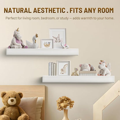 32 Inch Picture Ledge Shelf with Lip,Floating Shelves for Wall, Set of 2 Solid Pine Wood Shelves with Invisible Brackets, Wall Storage for Living Room, Bedroom, Kitchen, Bathroom(White)
