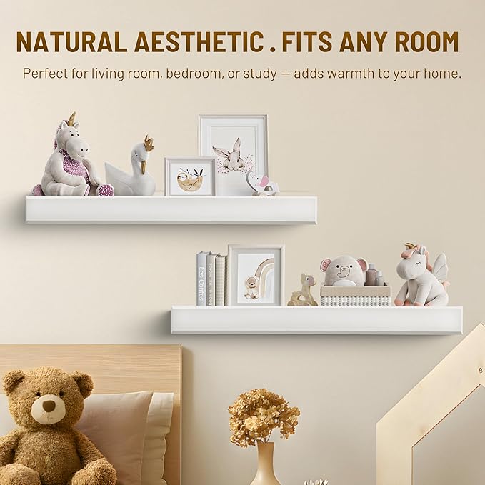 32 Inch Picture Ledge Shelf with Lip,Floating Shelves for Wall, Set of 2 Solid Pine Wood Shelves with Invisible Brackets, Wall Storage for Living Room, Bedroom, Kitchen, Bathroom(White)