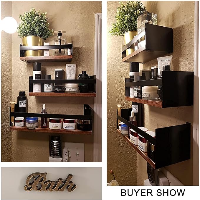 Giftgarden Black Floating Shelves for Wall Set of 3, Industrial Thick Wall Shelf Rack with Iron Rail Bracket for Storage Bathroom Kitchen Bedroom Plant Nursery Books Laundry