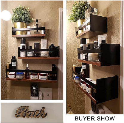 Giftgarden Black Floating Shelves for Wall Set of 3, Industrial Thick Wall Shelf Rack with Iron Rail Bracket for Storage Bathroom Kitchen Bedroom Plant Nursery Books Laundry