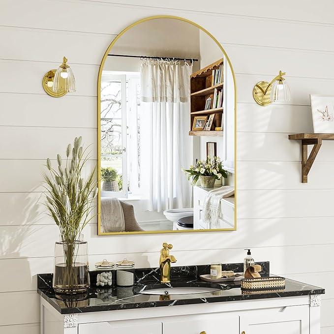 24x36 inch Arch Wall Mirror, Gold Arched Bathroom Vanity Mirrors for Over Sink, Metal Frame Room Wall Decor Haning or Leaning for Entryway, Bedroom, Living Room
