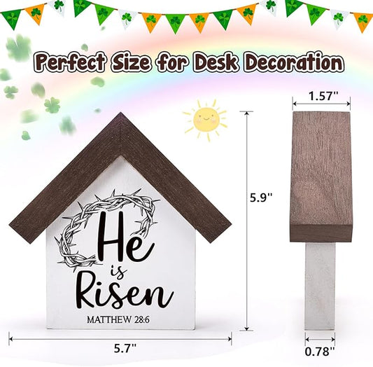 MBL Christian Easter Decor Decorations - Wood He Is Risen Sign Bible Verse Religious Easter Basket Stuffers Essentials Rustic Table Home Living Room Bedroom Shelf Tiered Tray for Women Men Teen Adults