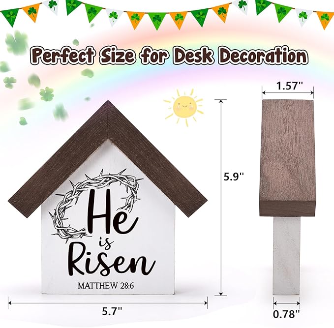 MBL Christian Easter Decor Decorations - Wood He Is Risen Sign Bible Verse Religious Easter Basket Stuffers Essentials Rustic Table Home Living Room Bedroom Shelf Tiered Tray for Women Men Teen Adults