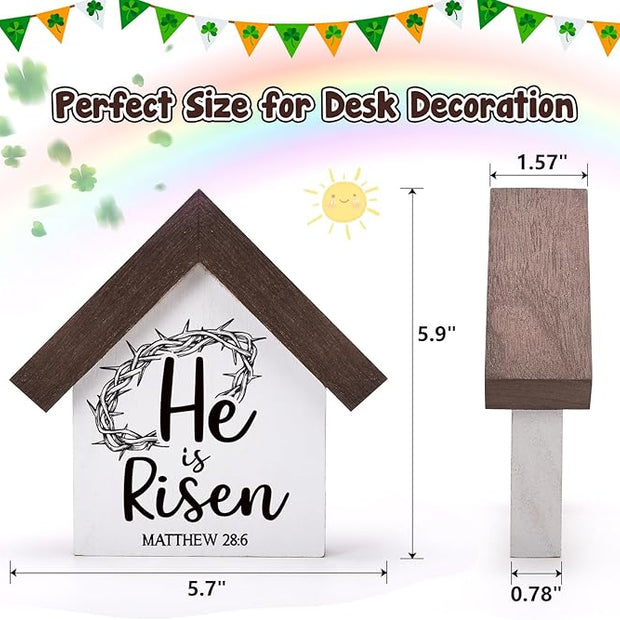 MBL Christian Easter Decor Decorations - Wood He Is Risen Sign Bible Verse Religious Easter Basket Stuffers Essentials Rustic Table Home Living Room Bedroom Shelf Tiered Tray for Women Men Teen Adults