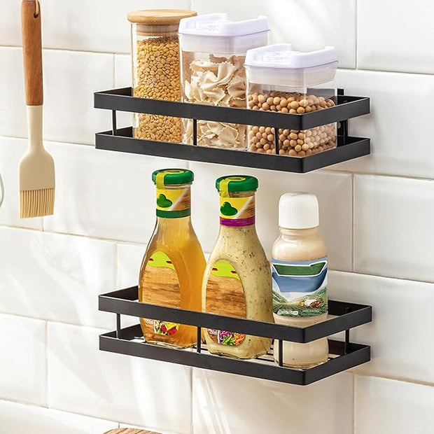 Baffect Metal Spice Rack Wall Mount Floating Shelves 2 Pack Black Storage organizer for Cabinet Door Pantry Kitchen Bathroom Supplies (13.7inches length)