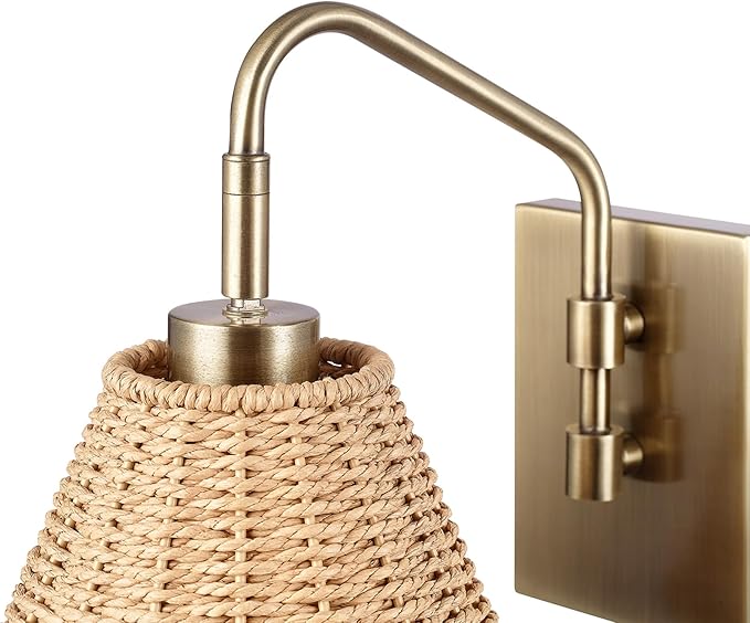 Globe Electric x Novogratz 65000052 1-Light Wall Sconce, Matte Brass Finish, Rattan Shade, On/Off Pull Chain Switch, Home and Office Decor, Modern Lighting for Living Room, Bohemian