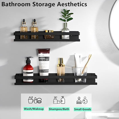 Floating Shelves Wall Mounted, Rustproof Stainless Steel Bathroom Shelf, Black Nail-Free Kitchen Spice Rack, Adhesive Storage Organizer for Shower & Home Decor