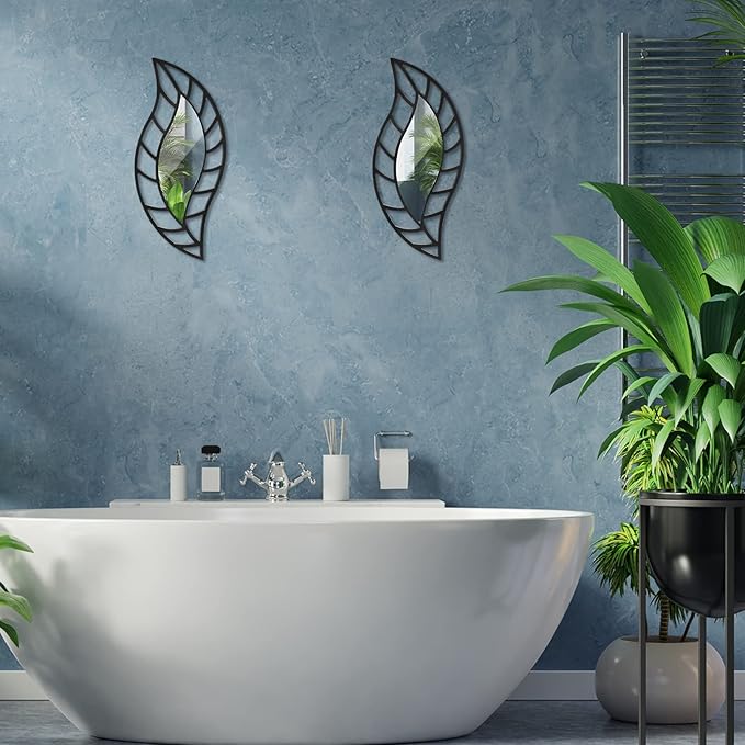 Roowest 2 Pcs Decorative Mirror Wall Decor Leaf Teardrop Mirror Wall Mounted Decorations for Living Room Bedroom Bathroom Vanity Entryway Office(Black)