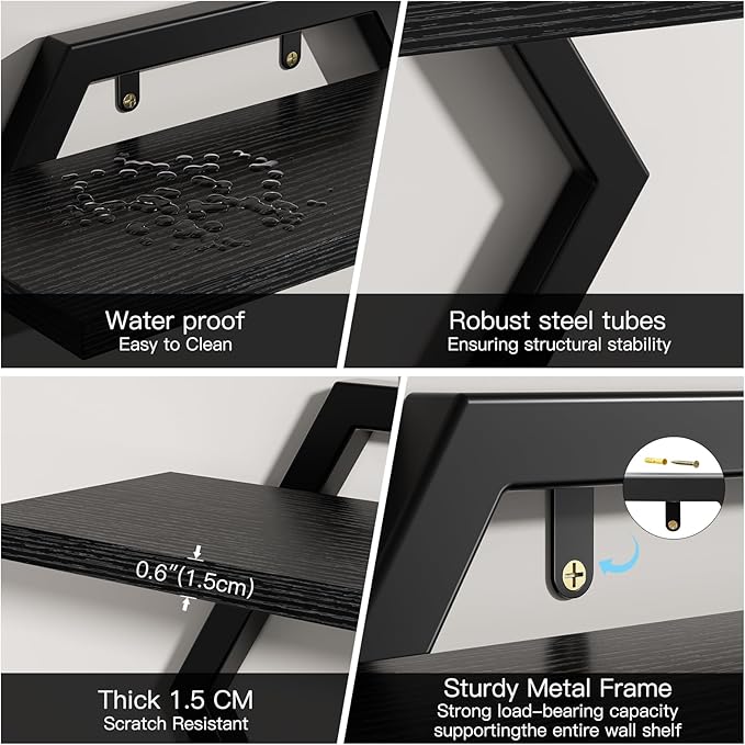 Floating Shelf- Floating Shelf for Wall Set of 2, 2 Tier Foating Shelves for Wall for Bathroom, Bedroom, Toilet, Kitchen, Living Room, Office, Black