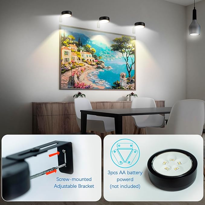3 Pack Black Battery Operated Picture Light, Wireless Picture Lights for Wall with Remote Dimmable Timer, Lighting Modes Pictures Frame Light for Artworking,Magnetic Painting Lights Wall Decor