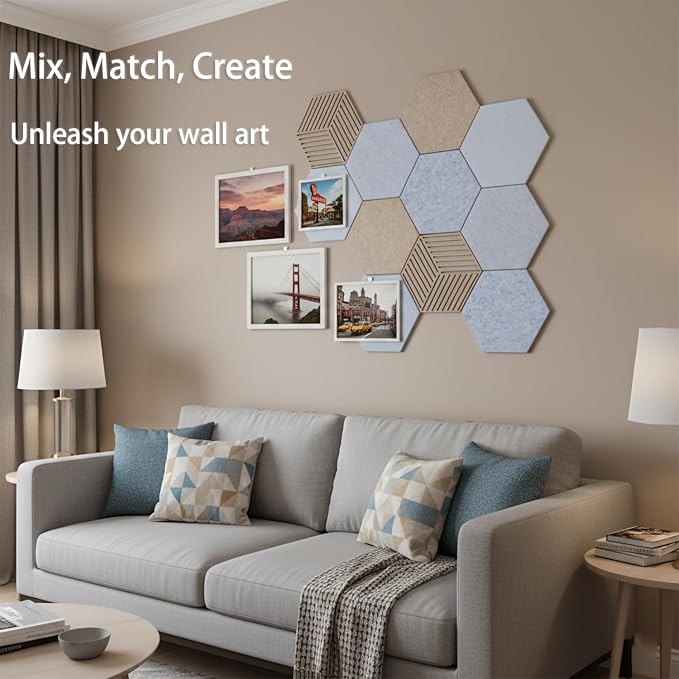 12" Hexagon Acoustic Panels Self-Adhesive (10 Pack) | Decorative Sound Dampening Wall Tiles with 3D Hollow Patterns | High-Density Polyester Soundproofing Padding for Home Office & Studio