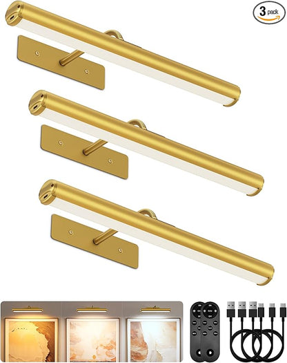 EZVALO 13in Wireless Picture Lights, 4000mAh Rechargeable Art Light with Remote, Dimmable 3 Color Temps, Battery Operated Wall Light for Living Room, Gallery, Painting (Gold, 3 Pack)