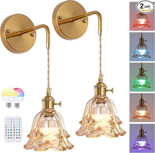 Battery Operated Wall Sconce Set of 2, Adjustable Chain Retro Gold Wall Mounted Light with RGB, Wireless Indoor Rechargeable Amber Wall Light for Living Room, Bedroom