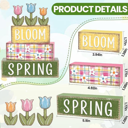 DIYDEC 6Pcs Spring Tabletop Decorations Tulip Wooden Block Signs Rustic Pastel Tulip Tiered Tray Decor Spring Centerpiece Farmhouse Wood Flower Table Sign for Kitchen Home Office Party Decor