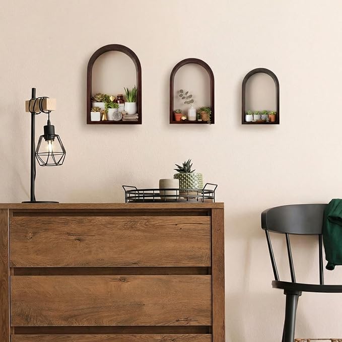 3 Set Wall Shelf 9.8 x 7.1 Inch Wooden Hanging Shelf Deep Display Storage Shelves Floating Shelves for Home Office Room Mini Figures Potted Plants Wall Decor(Arched,Brown)