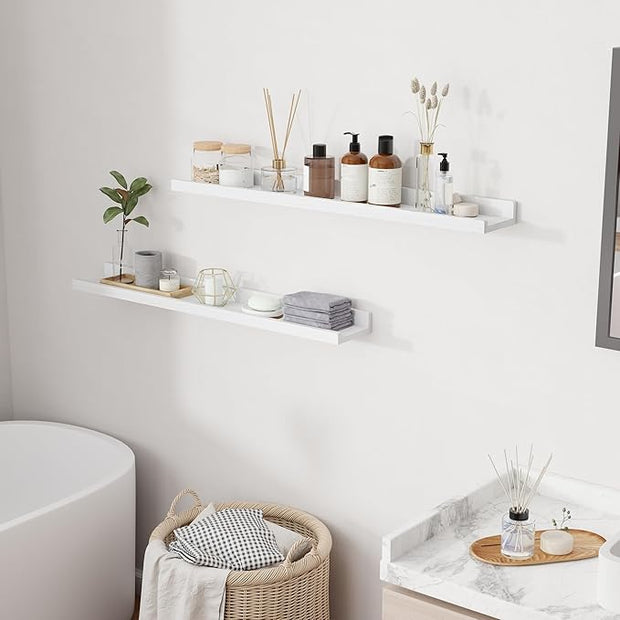 Floating Shelves for Wall, 36 inch Solid Wood Picture Ledge Shelf for Wall Storage, Nursery Book Shelves with Lip for Living Room Bathroom Bedroom Kitchen, Set of 2, Washed White