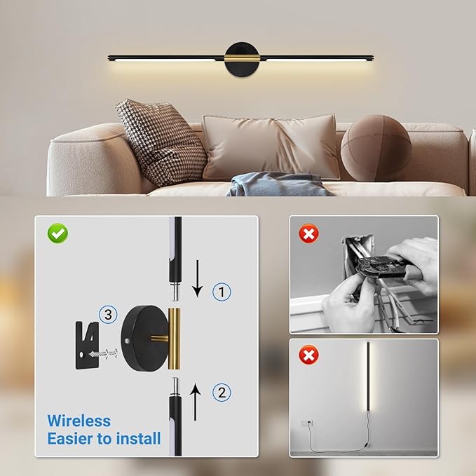 Battery Operated Wall Sconces, 360°Rotate Wireless Rechargeable Wall Sconces with Remote Control, Black Gold, Dimmable, Timing Decor Lights for Bedroom Hallway, 31.5 Inch 1 Pack