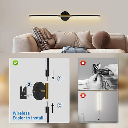 Battery Operated Wall Sconces, 360°Rotate Wireless Rechargeable Wall Sconces with Remote Control, Black Gold, Dimmable, Timing Decor Lights for Bedroom Hallway, 31.5 Inch 1 Pack