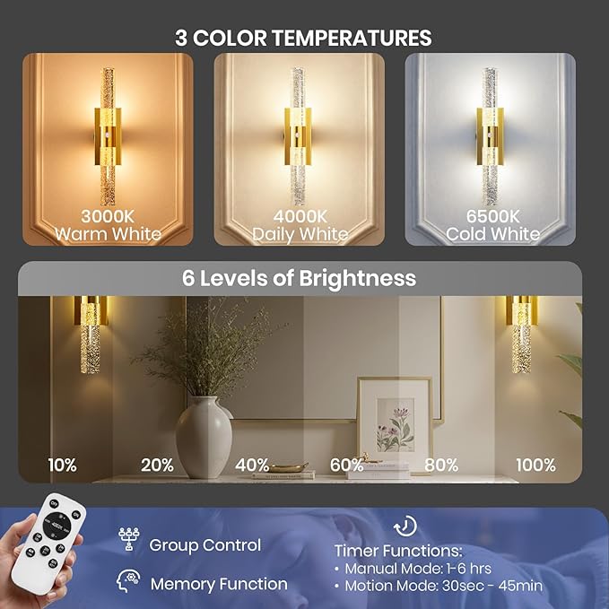 Motion Sensor Wall Sconces Battery Operated, Rechargeable Wall Sconce, 3CCT Battery Wall Sconce, 12000mAh Dimmable with Remote for Bedroom, Living room, Hallway Decor (15.3 inch – Gold - 1 Pack)
