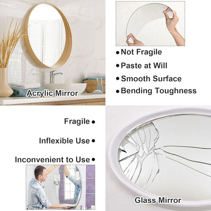 JUNEBRUSHS Round Mirror, 16 Inch Round Wall Mirror Fogless Shatterproof Bathroom Circle Acrylic Mirror Unbreakable Frameless Wall-Mounted Mirrors for Wall Living Room Bedroom Home Decor