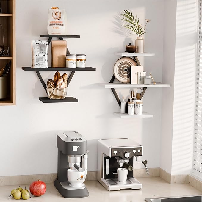 Floating Shelves, Wall Shelf Set of 2, Wall Mounted Shelves, 3-Tier Hanging Wall Shelves for Bathroom, Living Room, Bedroom, Kitchen, Office (Black & White)