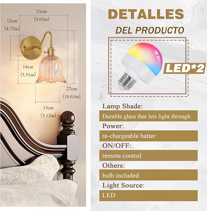 Battery Operated Wall Sconce Set of 2, Rechargeable Battery Powered Amber Wall Lights with 15 Colors, Vintage Glass Wall Lamp with Remote Control for Beside, Bedroom, Living Room