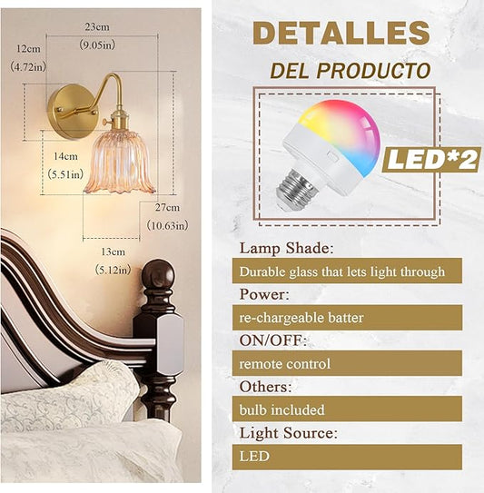 Battery Operated Wall Sconce Set of 2, Rechargeable Battery Powered Amber Wall Lights with 15 Colors, Vintage Glass Wall Lamp with Remote Control for Beside, Bedroom, Living Room